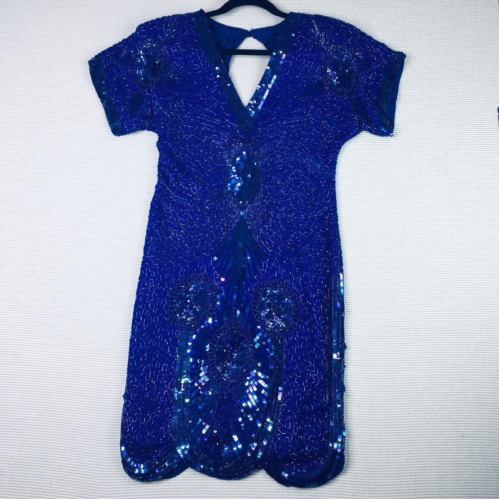 Sweelo Beaded Silk Dress Large Royal Blue Sequin Cocktail Party Art Deco 80s